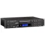 Вид спереди Tascam CD-200SB универсального CD и solid-state медиаплеера, черный 2U рэковый корпус с подсвеченным синим LCD-дисплеем, панель управления для выбора папок, воспроизведения, дублирования, USB и SD слотов, разъем для 