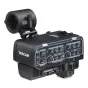 Tascam CA-XLR2d two-channel XLR microphone adapter with cold shoe mount for mirrorless cameras, featuring front panel controls and a transparent protective cover.