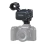 Tascam CA‑XLR2d two‑channel XLR microphone adapter mounted on a Fujifilm X‑S10 mirrorless camera, featuring digital/analog output and built-in preamps for professional audio recording