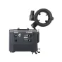 Tascam XLR microphone adapter for Canon mirrorless cameras with detachable shock mount, rear view showing output jack and volume controls
