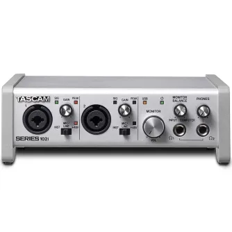 Tascam SERIES 102i USB Audio/MIDI Interface with DSP Mixer - Compact audio interface featuring two XLR/TRS combo inputs, gain and peak indicators, a monitor knob, USB and power ports, MIDI connectors, and headphone outputs, all 