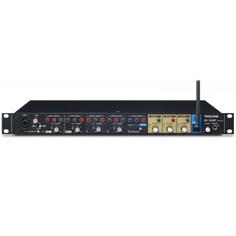 Compact Tascam MZ-123BT multi-zone audio mixer with Bluetooth, multiple inputs, outputs, and controls for professional audio applications