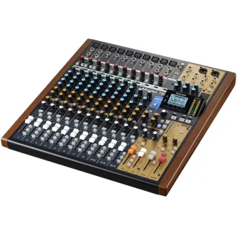 Tascam Model 16 14-channel analogue mixer featuring white faders, black knobs, a gold control panel, and a small LCD screen.