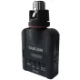 Compact Tascam DR-10X mic-attachable audio recorder with XLR microphone, front view showing OLED display, control buttons and sliding record switch, black body, ideal for field recording.