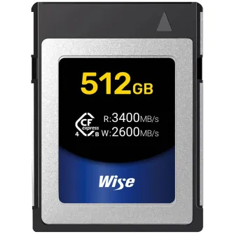 Wise CFexpress 4.0 Type B 512GB memory card with 3400 MB/s read speed and 2600 MB/s write speed, ideal for 8K RAW photography and videography.
