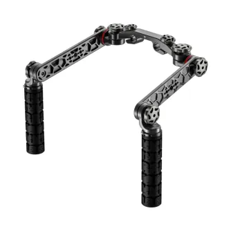 Wooden Camera 15mm LWS Handgrip Kit assembled, featuring black ODI BMX handgrips, 7075 aluminum crossbar, and foldable 6-inch extensions with color-coded rings for camera identification.