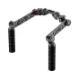 Wooden Camera 15mm Studio Handgrip Kit with adjustable extensions, textured grips, and red color rings for professional camera handling.