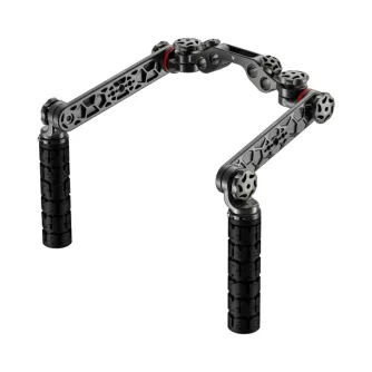 Wooden Camera 15mm Studio Handgrip Kit with adjustable extensions, textured grips, and red color rings for professional camera handling.