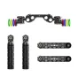 Wooden Camera 15mm Studio Handgrip Kit (A01001) featuring a 15mm crossbar, color rings, two 6-inch pentagonal extensions, and two ODI BMX handgrips, all made of black aluminum with DLC-coated knobs.