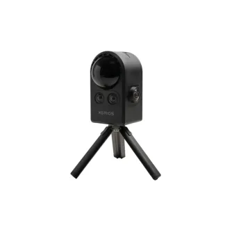 XGRIDS PortalCam Camera 3D Premium Kit, black handheld camera on tripod, featuring a large spherical sensor, two fisheye lenses, and two front-facing cameras.