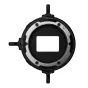 Z-CAM LPL Mount adapter for Z-Cam E2 Flagship Series, featuring a circular design with a central cutout, silver ring, and black plastic body, equipped with 'LOCK' and 'OPEN' switches, and a threaded ring with screws.