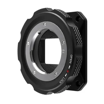 Z-CAM M Mount adapter for Z-Cam E2 Flagship Series cameras, black metal construction with open/lock indicators and silver mounting ring