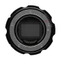 Augšējais skats uz Z CAM Z-CAM TurboMount (EF) priekš Z-Cam E2-M4, apaļš metāla lēnss adapters ar melnu ārējo gredzenu, sudraba iekšējo gredzenu, sarkano bloķēšanas indikatoru un zelta kontaktiem, paredzēts Canon EF objektīviem 