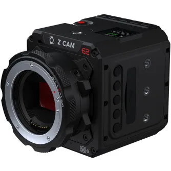 Z CAM E2-S6G Super 35mm 6K cinema camera with EF mount, black rugged body, side control panel with buttons, top LCD screen and red record button