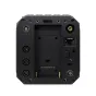 Rear view of the Z CAM Z-CAM E2-S6G Super 35mm 6K cinema camera, showing its black rugged chassis, multiple XLR and BNC connectors, HDMI port, Ethernet jack, and battery compartment with gold contacts.