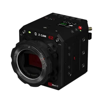 Z CAM E2-S6 Mark II Super 35mm 6K cinema camera, front view with EF mount, side panel with numbered buttons, red power button and green LED indicator, compact modular design.