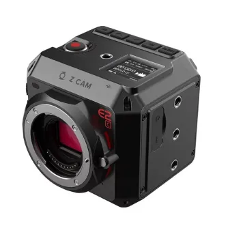 Z-CAM E2C 4K Cinema Camera with a compact design, featuring a prominent lens mount, red accents, and a digital display showing recording settings.