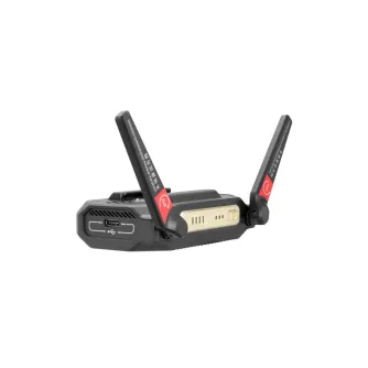 Zhiyun TransMount Video Transmission Transmitter AI 3.0 side view with two detachable antennas, black body, gold panel, USB‑C port, and cold shoe mount.