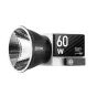 Zhiyun Molus G60 60 W COB свет с мини-рефлектором, серебряный отражающий купол, черный корпус с оранжевыми акцентами, боковая панель с надписью «60 W» и логотипом MOLUS G60.