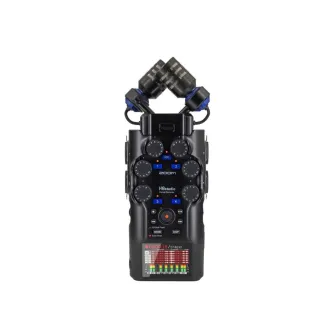 Zoom H6studio handheld audio recorder with XY microphones, front view, black body, control knobs and LCD display