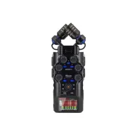 Zoom H6studio rokas audio rekorders ar XY mikrofoniem, priekšējais skats, melns korpuss, regulēšanas pogas un LCD ekrānsZoom H6studio rokas audio rekorders ar XY mikrofoniem, priekšējais skats, melns korpuss, regulēšanas pogas un LCD ekrāns