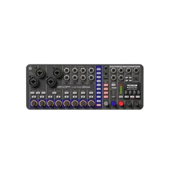 Zoom LiveTrak L6max EU version 12-channel compact audio mixer with front panel featuring XLR combo inputs, 8 line inputs, rotary level knobs, OLED display, headphone and monitor outputs, and USB audio interface controls.