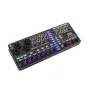 Zoom LiveTrak L6max EU version front view, a compact 12-channel audio mixer with AI noise reduction, 14-track recording, USB audio interface, OLED display, and illuminated channel faders, featuring 4 combo XLR/TRS inputs and 8 l