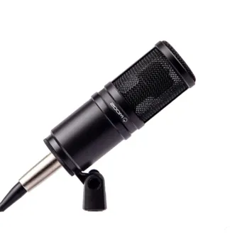Zoom ZDM-1 large diaphragm dynamic microphone with supercardioid pattern, XLR connector, and pivoting stand mount, ideal for podcast and broadcast recording.