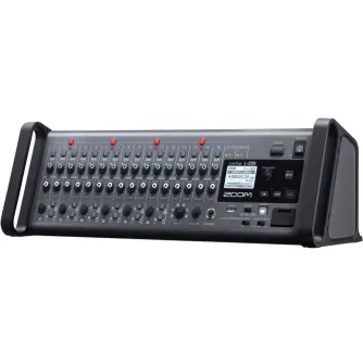 Zoom LiveTrak L-20R rack-mountable digital mixer with 20 channels, 22-track recording, LCD display, faders, knobs, and USB/SD connectivity, viewed from the front.