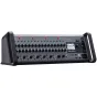 Zoom LiveTrak L-20R digital mixer with 20 channels, front panel featuring faders, knobs, LCD display, power switch, and side handles, designed for live sound and recording.