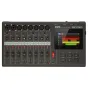 Zoom R20 multitrack recorder front view with 8 XLR inputs, gain knobs, motorized faders, 4.3" touchscreen displaying waveforms, and control buttons, highlighting 16-track recording and built-in effects.
