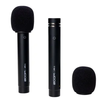 Zoom ZPC-1 pencil condenser microphones with foam windscreens for stereo recording