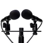 Zoom ZPC-1 matched pair of pencil condenser microphones with foam windscreens on a dual stand for stereo recording.