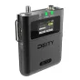 Deity THEOS DLTX phantom power bodypack transmitter front view with dual SMA antennas, illuminated green POWER and AUDIO LEDs, LCD screen displaying 580.0 frequency, +18dB gain and MIC-48V, sleek black body with DEITY branding a