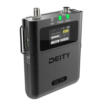 Deity THEOS DLTX phantom power bodypack transmitter front view with dual SMA antennas, illuminated green POWER and AUDIO LEDs, LCD screen displaying 580.0 frequency, +18dB gain and MIC-48V, sleek black body with DEITY branding a