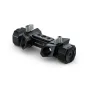 Blackmagic Design URSA Cine rosette bracket, black metal with two silver adjustment knobs, side view on white background