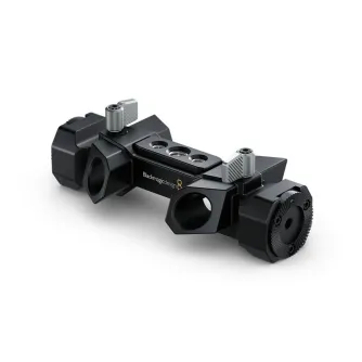 Blackmagic Design URSA Cine rosette bracket, black metal with two silver adjustment knobs, side view on white background