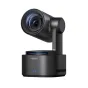OBSBOT Tail 2 NDI AI-powered PTZ 4K camera with 90° hands-free rotation, 5x optical zoom, black matte body and blue LED indicator on the base, captured from a side view.