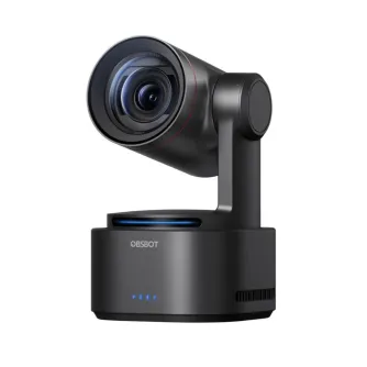 OBSBOT Tail 2 NDI AI-powered PTZ 4K camera with 90° hands-free rotation, 5x optical zoom, black matte body and blue LED indicator on the base, captured from a side view.