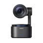OBSBOT Tail 2 NDI AI-powered PTZ 4K camera with 5x optical zoom and 90° hands-free rotation, featuring a large lens and blue LED indicators on its black cylindrical base