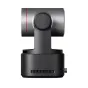 OBSBOT Tail 2 NDI PTZ camera rear view with cylindrical black body, red stripe, circular control button, ventilation grille, and rear ports MC IN and LINE IN on a white background