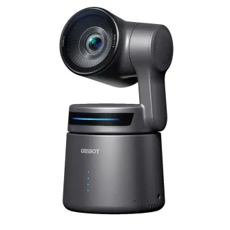 Obsbot Tail Air 4K PTZ streaming camera with AI auto tracking, 4K@30fps video, dark gray body, large lens, blue LED indicator on base, standalone unit
