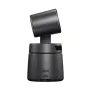 Rear view of the Obsbot Tail Air 4K PTZ streaming camera, showing its matte black cylindrical base with USB‑C and micro‑HDMI ports, ventilation slots, and a detachable rotating head for AI auto tracking.