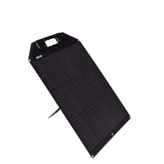 Maentum Foldable SolarPanel 2.0 with 50 Wp output, featuring a black grid-patterned design, a handle, and a compact form for portability.