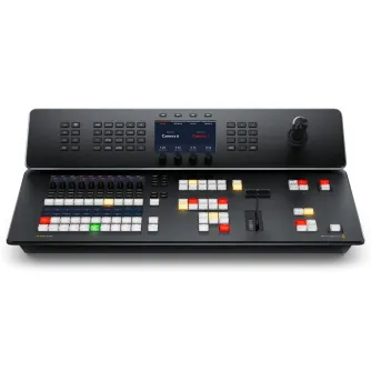 Blackmagic Design ATEM Television Studio 4K8 video mixer with 8 SDI inputs, integrated control panel, illuminated buttons, joystick, and LCD display showing camera inputs