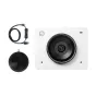 OBSBOT Meet 2 Combo webcam in Cloud White with a large circular lens, dual front-facing microphones, a coiled USB cable with an on/off switch, and a separate circular microphone component, showcasing its compact design and inclu