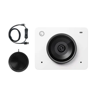 OBSBOT Meet 2 Combo webcam in Cloud White with a large circular lens, dual front-facing microphones, a coiled USB cable with an on/off switch, and a separate circular microphone component, showcasing its compact design and inclu