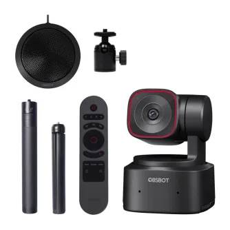 AI-powered PTZ webcam with remote control, tripod, and microphone for professional video calls and streaming