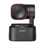 OBSBOT Tiny 2 Lite PTZ camera with AI tracking and smart remote for professional video calls, featuring a sleek black design with a red accent around the lens and a compact base displaying the brand name 'OBSbot'.