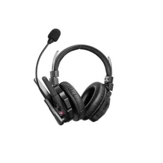 SYNCO Xtalk XMax 1 wireless intercom headset with dual ear cushions, AI noise cancellation, 500 m range, and Bluetooth connectivity, featuring a boom microphone against a white background.